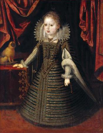 Juan Pantoja de la Cruz Infantin Anna (1601-1666), Konigin von Frankreich, Bildnis in ganzer Figur mit einem Lowenaffchen France oil painting art